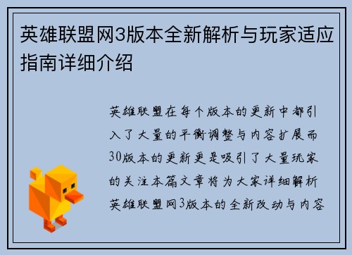 英雄联盟网3版本全新解析与玩家适应指南详细介绍