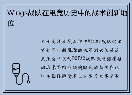 Wings战队在电竞历史中的战术创新地位